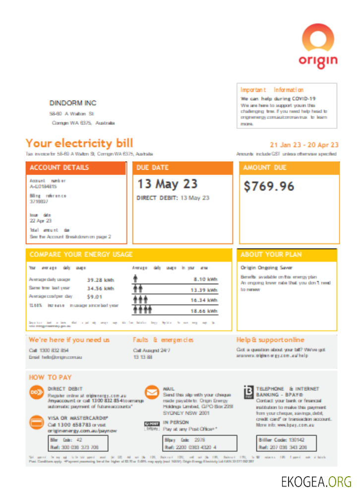 Facture d'origine du service public, page 1 SCR